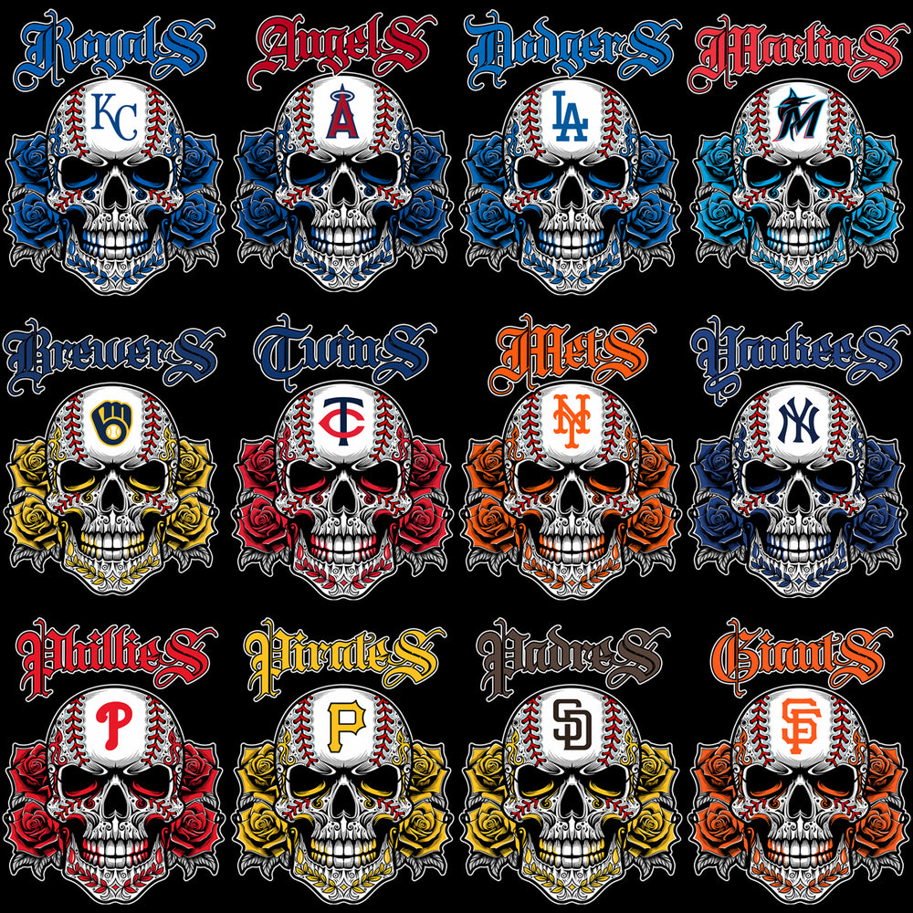 30 Baseball Teams Floral Skull Tattoo Designs Bundle PNG