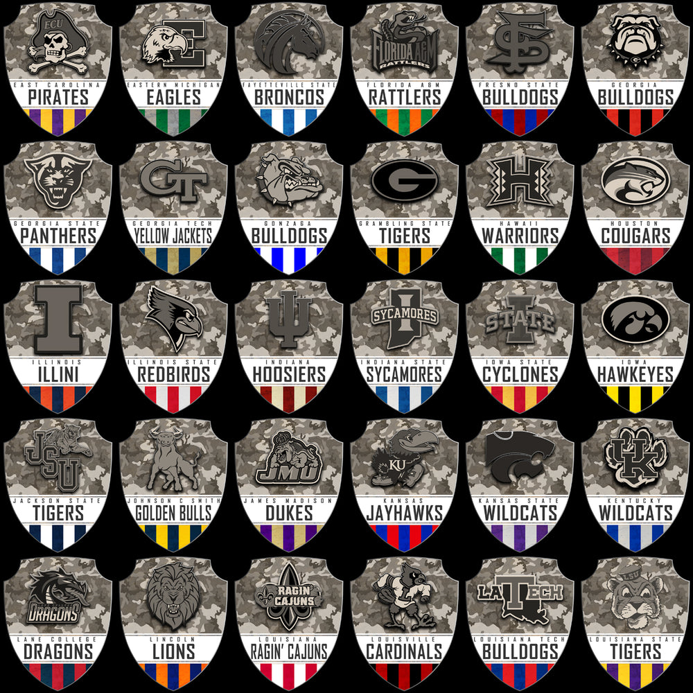 128 College NCAA School Military Camo Shield Logos PNG Designs Bundle