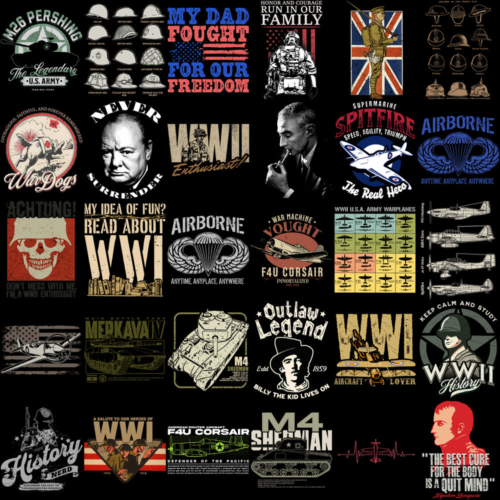WWII & WWI military designs bundle for DTF DTG, featuring tanks, planes, helmets, quotes & patriotic graphics