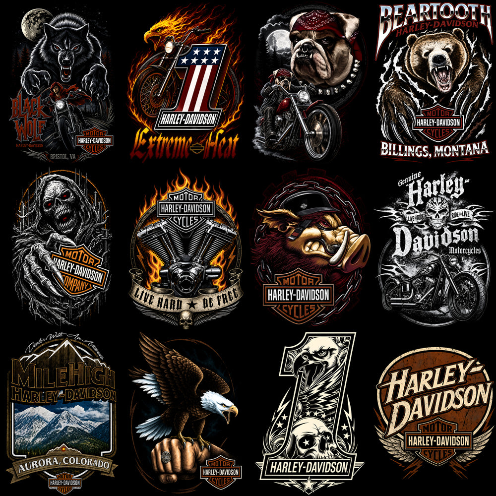 Harley-Davidson themed designs with wolves, eagles, skulls, and motorcycles for DTG/DTF printing