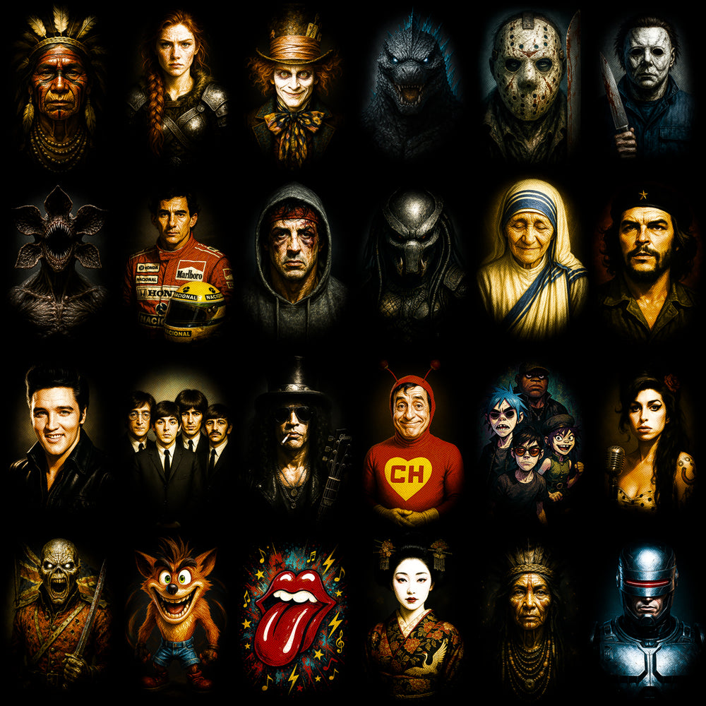 Grid of stylized pop culture character portraits featuring movie, music, and gaming icons.