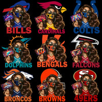 Load image into Gallery viewer, NFL team skull face paint designs for DTF DTG printing, featuring Bills, Cardinals, Colts, Dolphins, Bengals, Falcons, Broncos, Browns, 49ers
