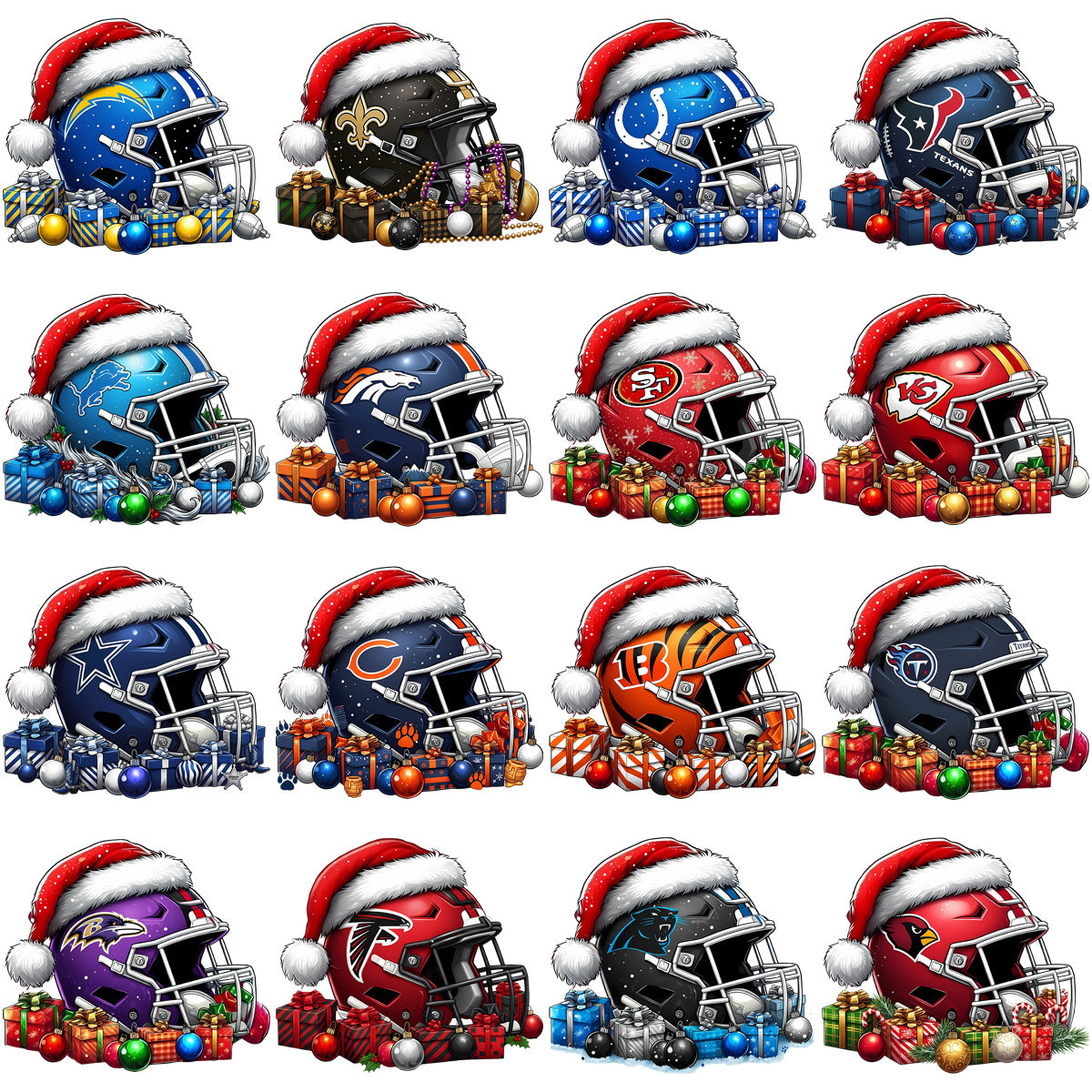32 Christmas Gifts Helmets Football Teams Designs Bundle PNG