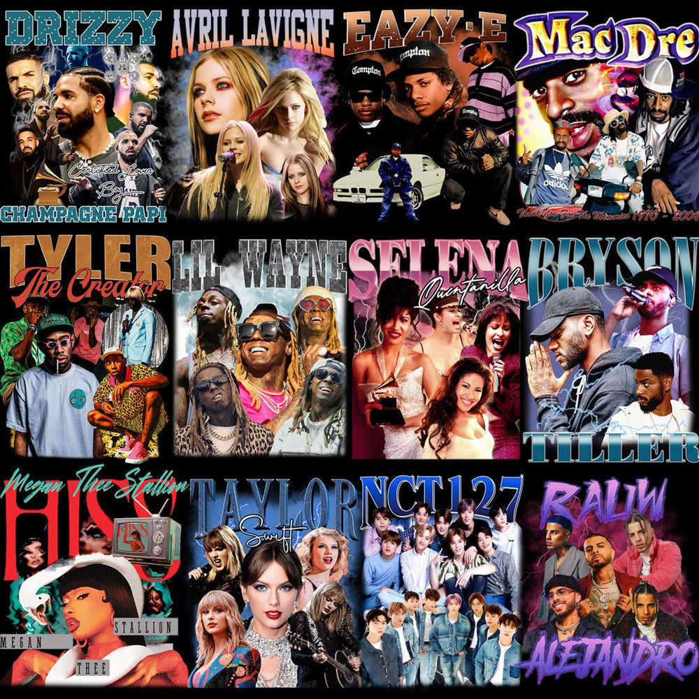 Celebrity collage featuring Drizzy, Avril Lavigne, Eazy-E, Mac Dre, Tyler The Creator, Lil Wayne, Selena, Bryson Tiller, Megan Thee Stallion, Taylor Swift, NCT 127, Rauw Alejandro — print-ready PNG designs for DTF, DTG, embroidery.