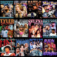 Load image into Gallery viewer, Celebrity collage featuring Drizzy, Avril Lavigne, Eazy-E, Mac Dre, Tyler The Creator, Lil Wayne, Selena, Bryson Tiller, Megan Thee Stallion, Taylor Swift, NCT 127, Rauw Alejandro — print-ready PNG designs for DTF, DTG, embroidery.
