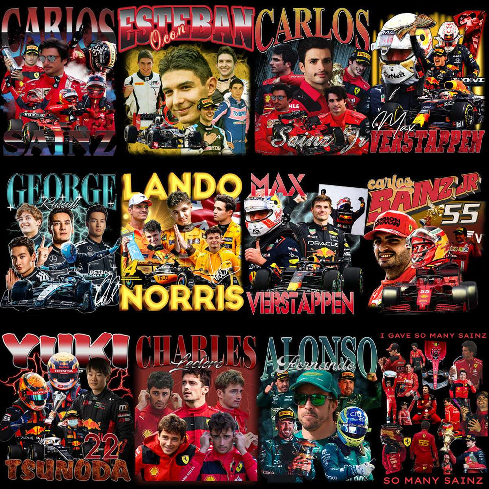 F1 drivers collage with Carlos Sainz, Max Verstappen, Lando Norris, and others in racing gear and cars