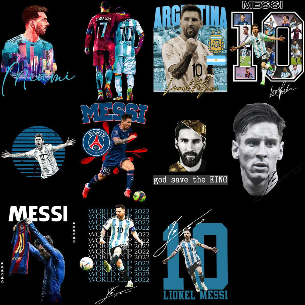 Lionel Messi soccer designs bundle with Argentina, PSG, World Cup 2026, and signature graphics for DTF DTG printing