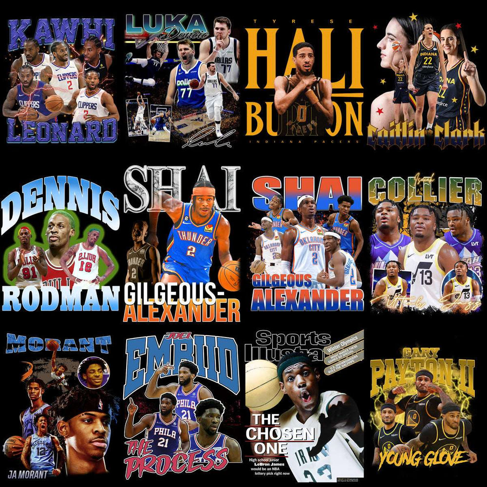 Basketball player designs for DTF/DTG, embroidery, and tumbler wraps featuring NBA stars in vibrant graphics.