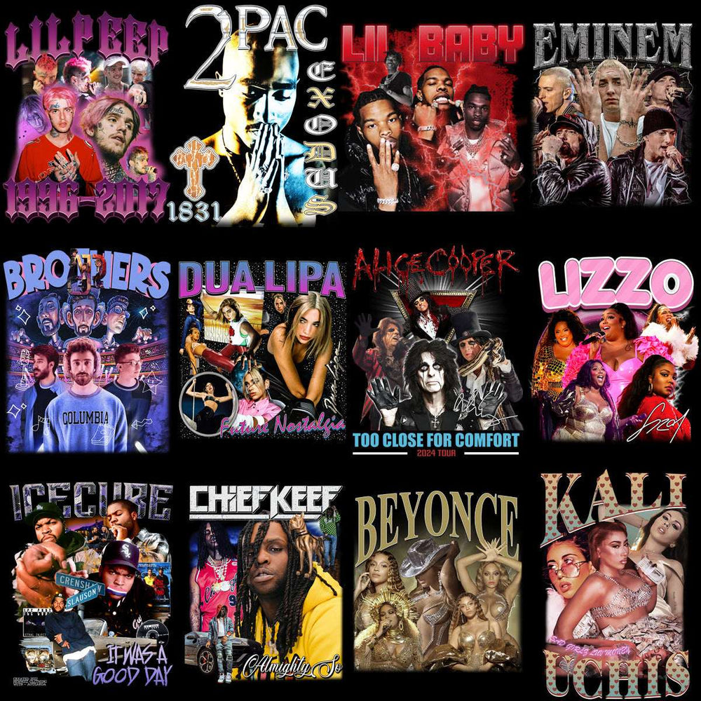 Print-ready artist designs for DTF/DTG, embroidery, and tumbler wraps featuring 2Pac, Beyoncé, Eminem, and more.