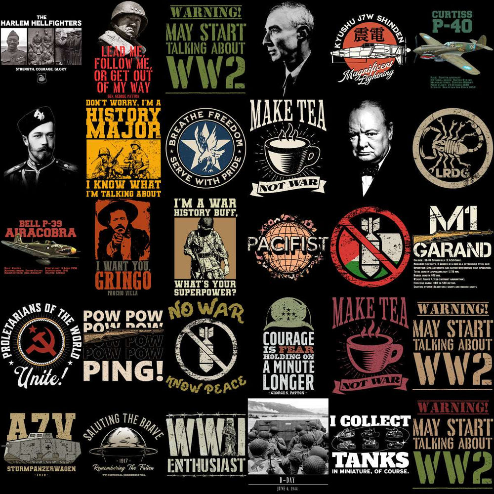 WW2 history t-shirt designs, military quotes, and vintage war graphics for DTF/DTG printing. Print-ready PNG, SVG, PES.