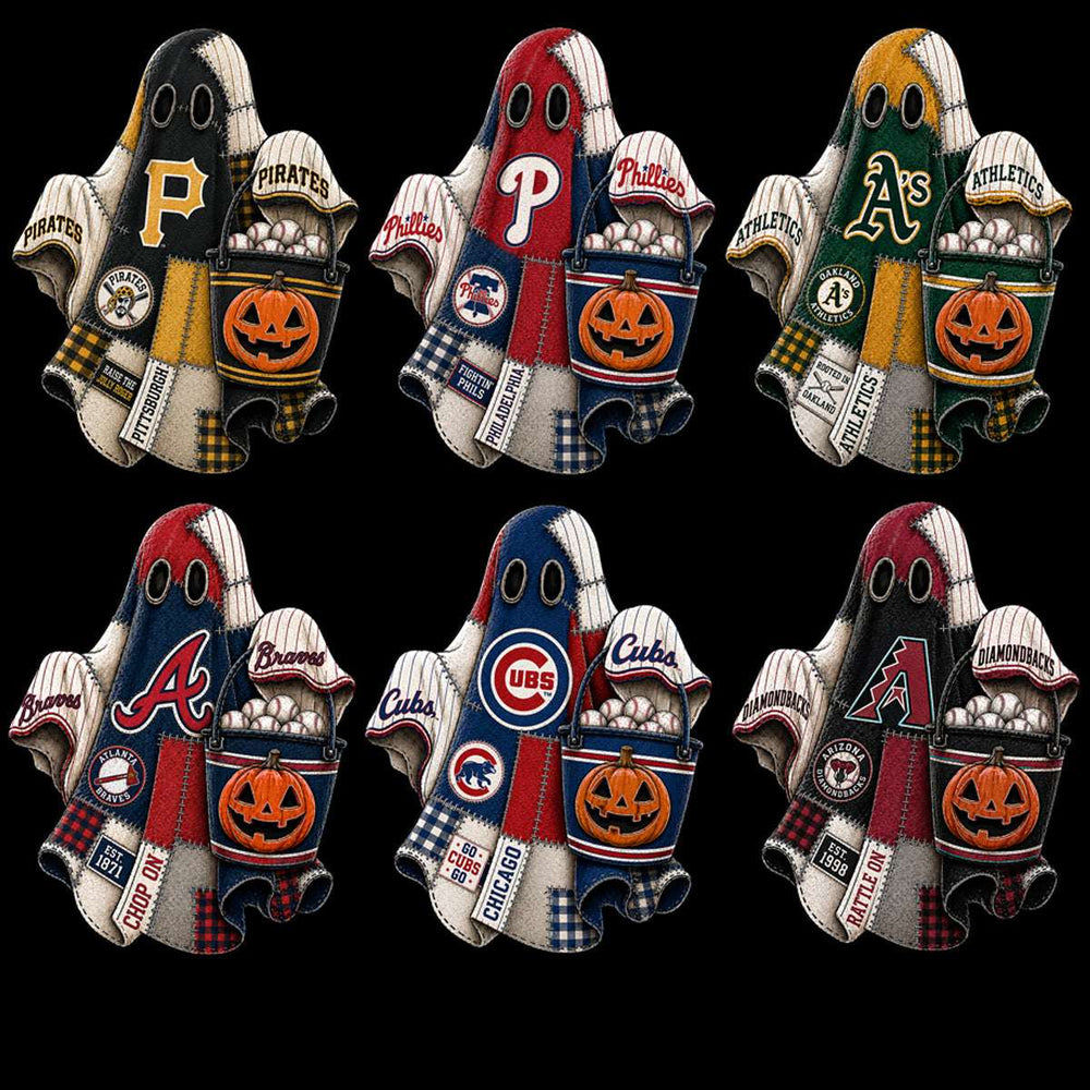 Baseball team ghosts with pumpkin buckets, perfect for Halloween designs and print-ready bundles.