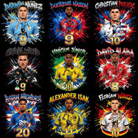 Load image into Gallery viewer, Soccer player designs with vibrant splashes, jersey numbers, and national team colors for DTF/DTG printing.
