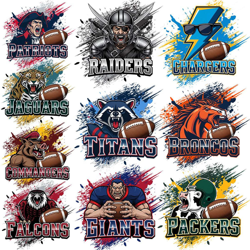 Football team logos with bold mascots and vibrant splashes for DTF/DTG designs