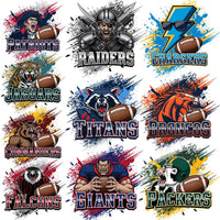 Load image into Gallery viewer, Football team logos with bold mascots and vibrant splashes for DTF/DTG designs
