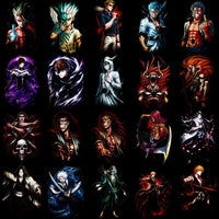 Cargar imagen en el visor de la galería, Anime warrior characters with dynamic poses, vibrant energy effects, and detailed costumes for DTF/DTG printing designs
