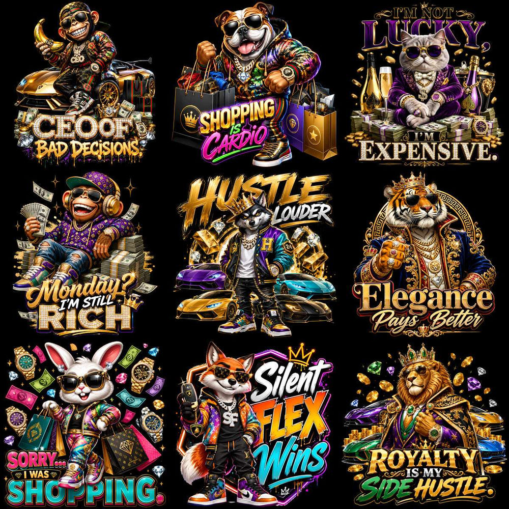 Luxury animal designs with bold text, cars, and bling for DTF/DTG and embroidery projects.