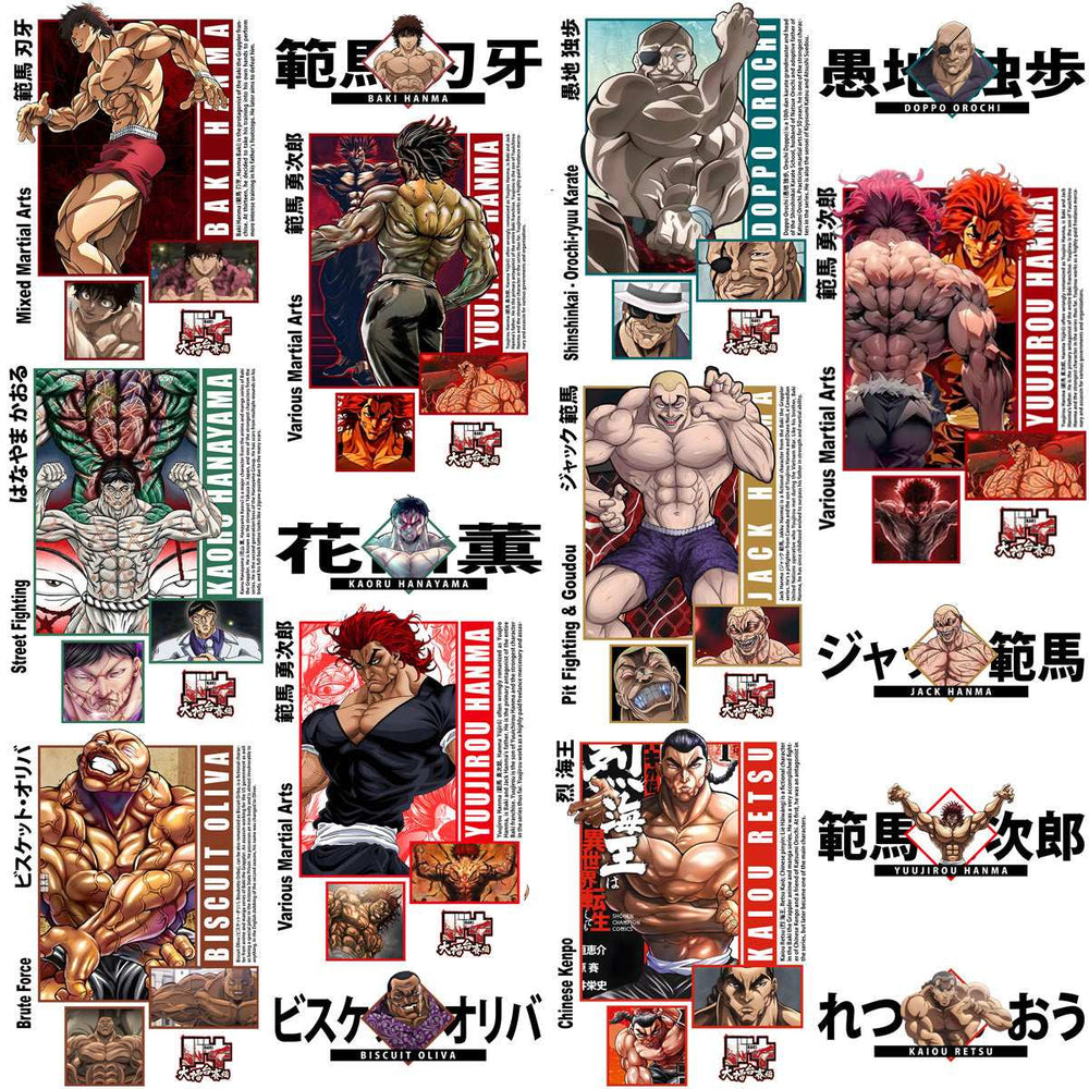 16 Anime Baki Black and White Streetwear Front + Back Designs Bundle PNG