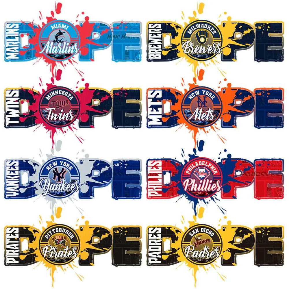 Dope MLB team designs for DTF DTG printing, featuring Marlins, Brewers, Twins, Mets, Yankees, Phillies, Pirates, Padres