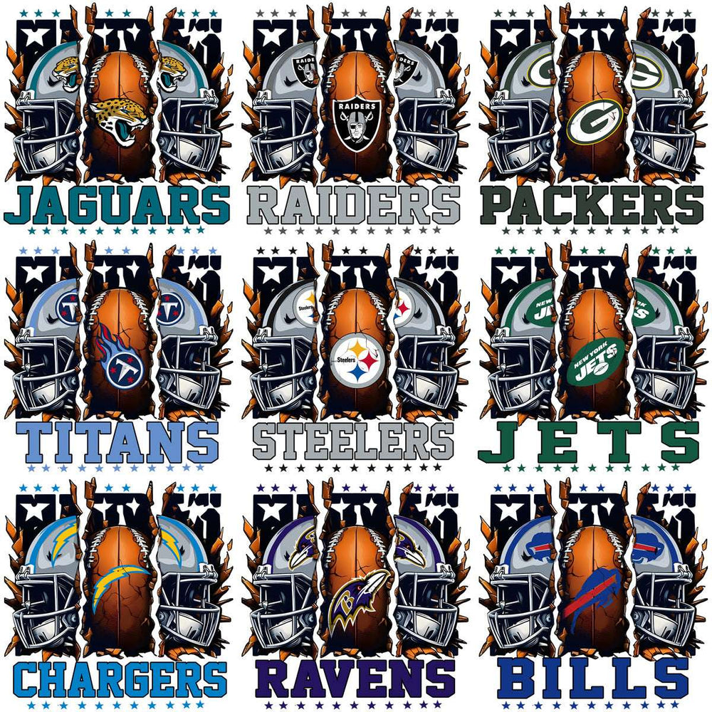 NFL team designs with helmets and footballs for DTF/DTG printing