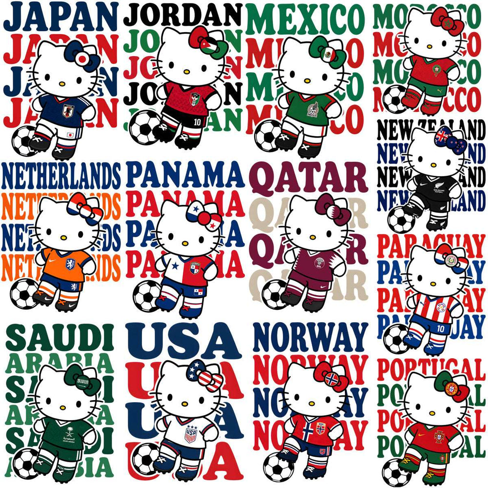Hello Kitty in national soccer jerseys from Japan, Mexico, USA, Qatar, and more, with soccer balls and country names