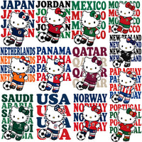 Load image into Gallery viewer, Hello Kitty in national soccer jerseys from Japan, Mexico, USA, Qatar, and more, with soccer balls and country names
