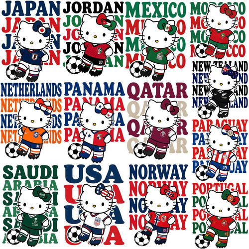 Hello Kitty in national soccer jerseys from Japan, Mexico, USA, Qatar, and more, with soccer balls and country names