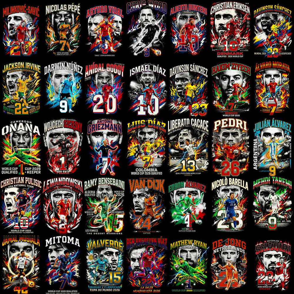 Soccer player t-shirt designs with fiery graphics, player names, numbers, and World Cup 2026 themes for DTF/DTG printing