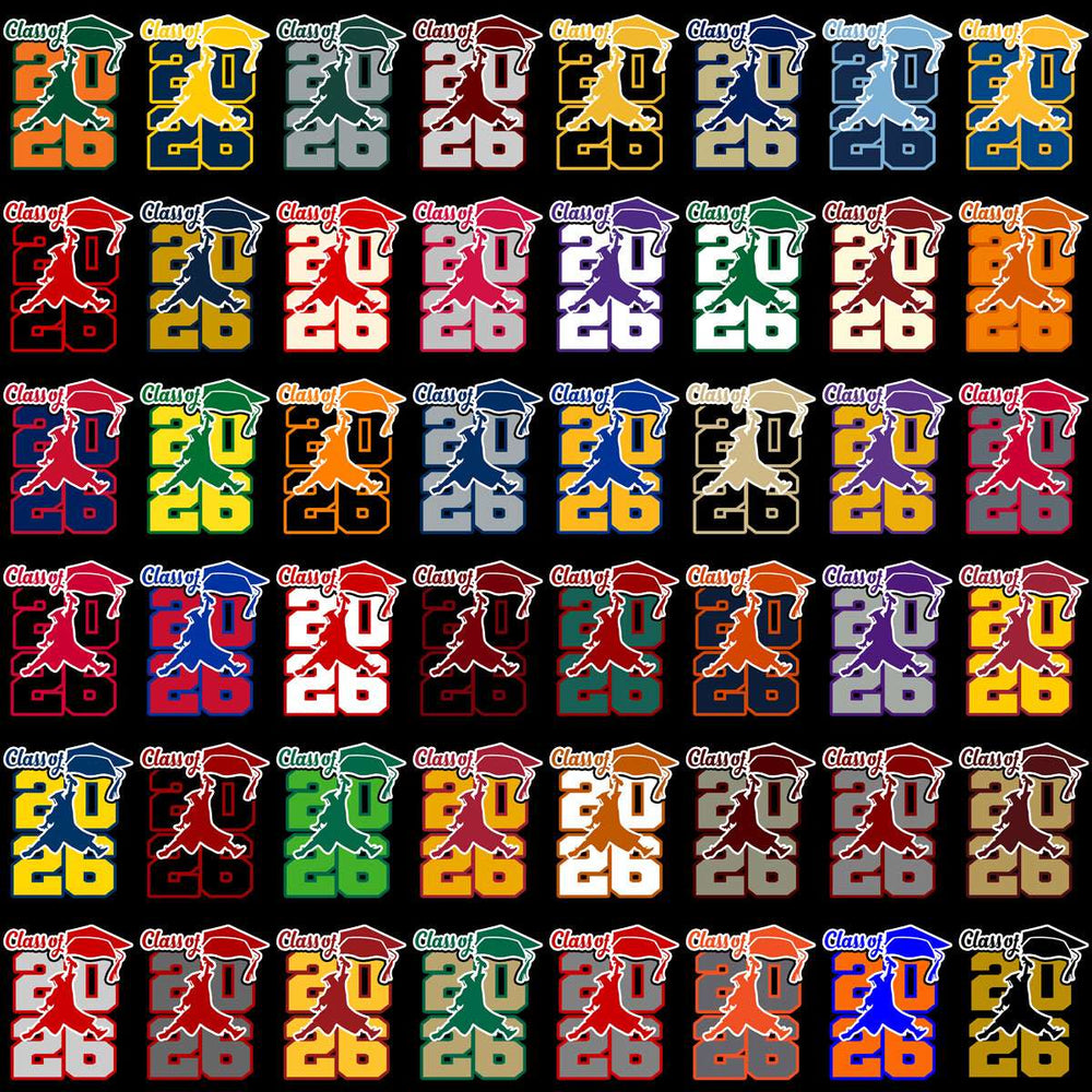 Class of 2026 graduation designs in multiple colors, print-ready for DTF, DTG, embroidery, and tumbler wraps