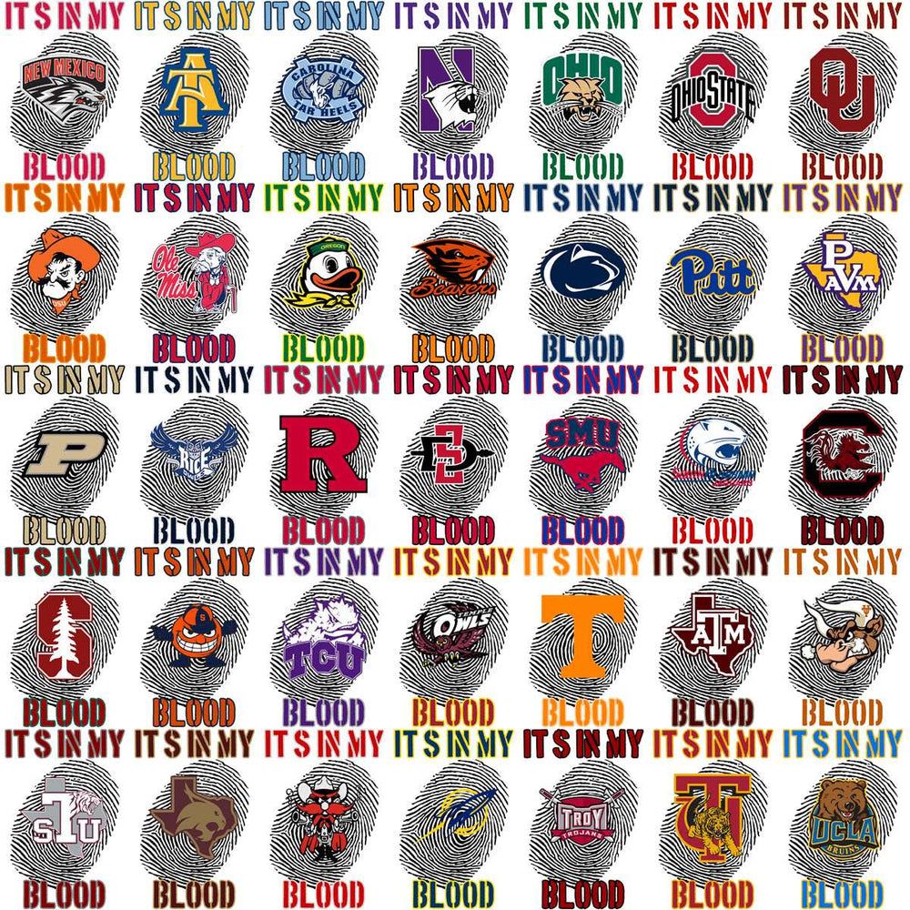 College team logos with fingerprint designs, featuring 'It's in My Blood' text for DTF/DTG and embroidery use.