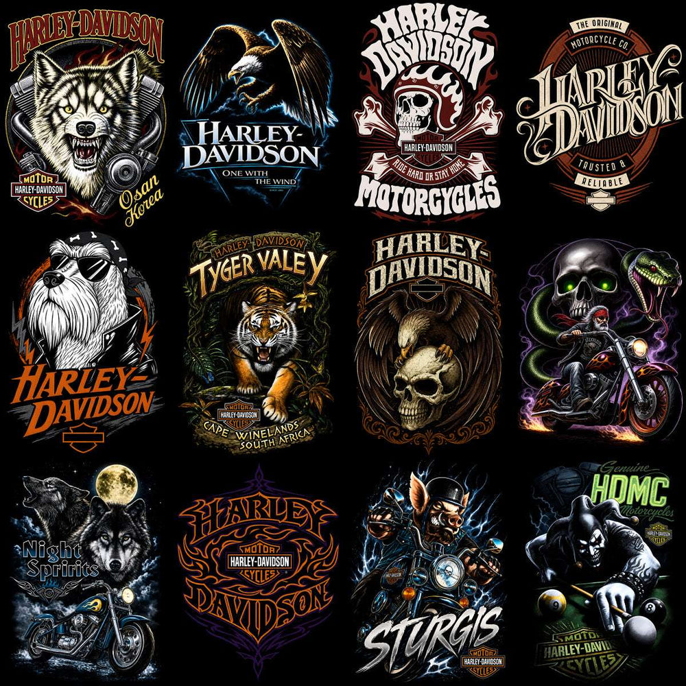 Harley-Davidson themed designs with wolves, eagles, skulls, tigers, and bikers for DTF, DTG, embroidery, and tumbler wraps