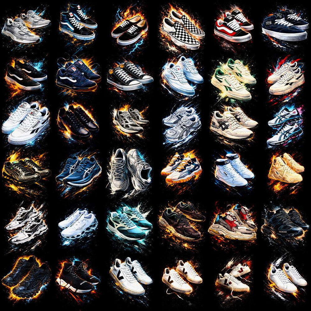 Sneaker designs with fiery effects, ideal for DTF, DTG, and embroidery prints. Print-ready PNG, SVG, PES files.