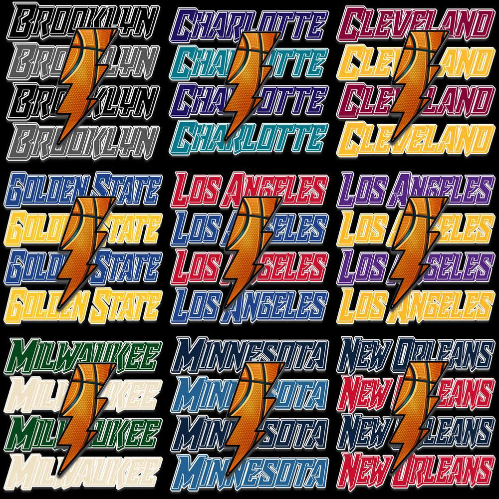 Basketball team city designs with lightning bolt graphics for DTF, DTG, embroidery, and tumbler wraps