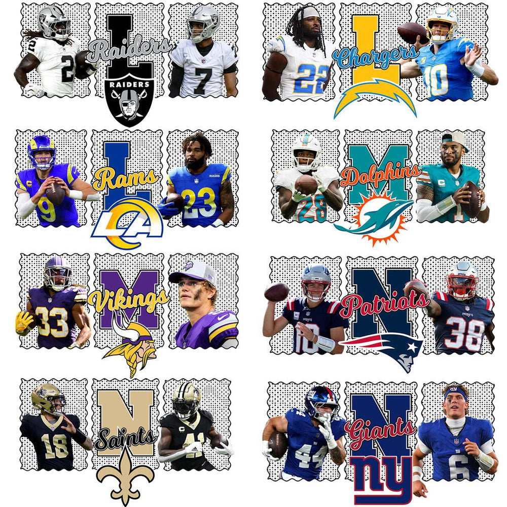 NFL team designs for DTF, DTG, embroidery — Raiders, Chargers, Rams, Dolphins, Vikings, Patriots, Saints, Giants