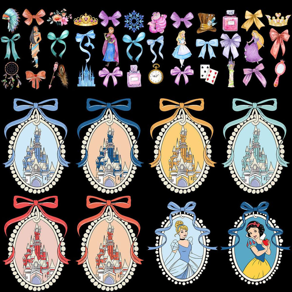 Disney princess designs with castles, bows, and accessories for DTF, DTG, and embroidery projects.