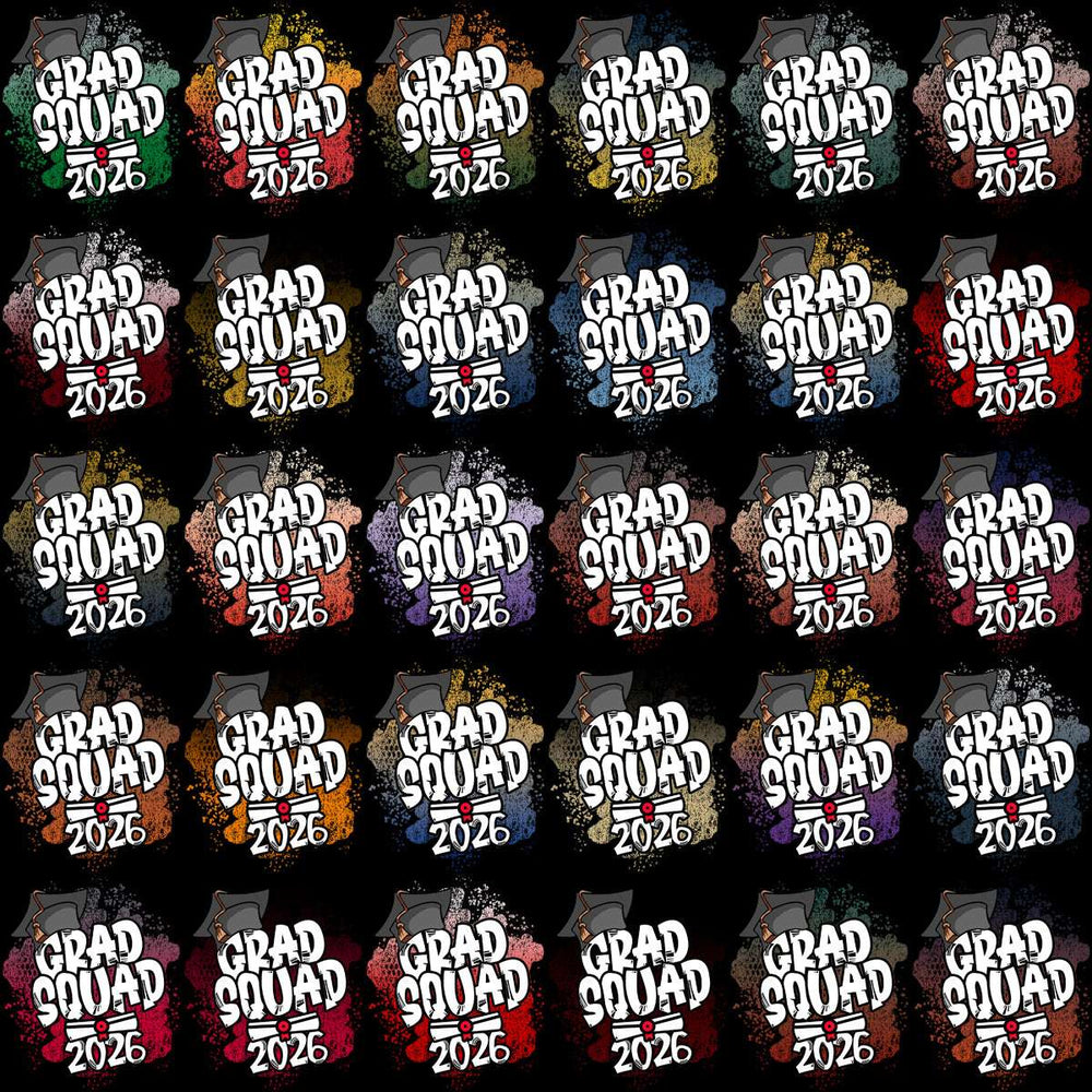 Grad Squad 2026 t-shirt designs with colorful splatter backgrounds, perfect for DTF/DTG printing