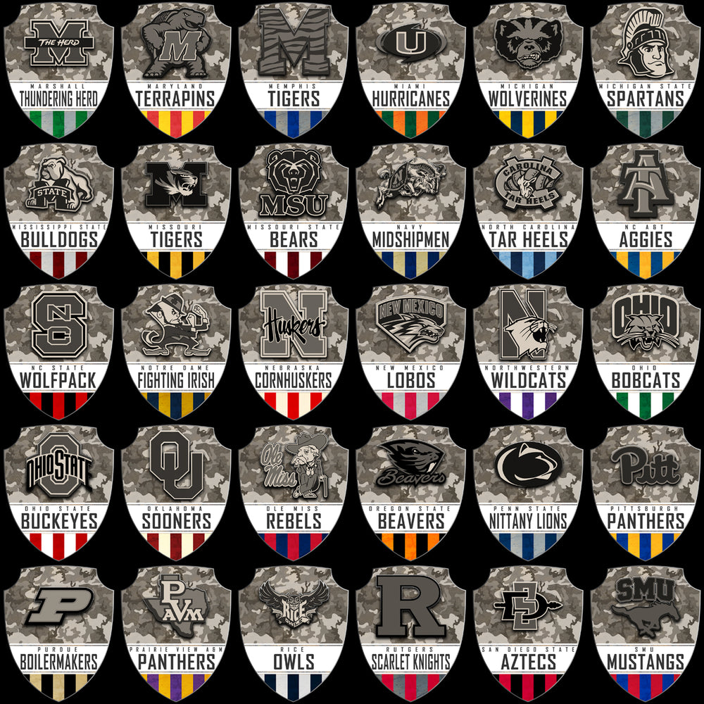 128 College NCAA School Military Camo Shield Logos PNG Designs Bundle