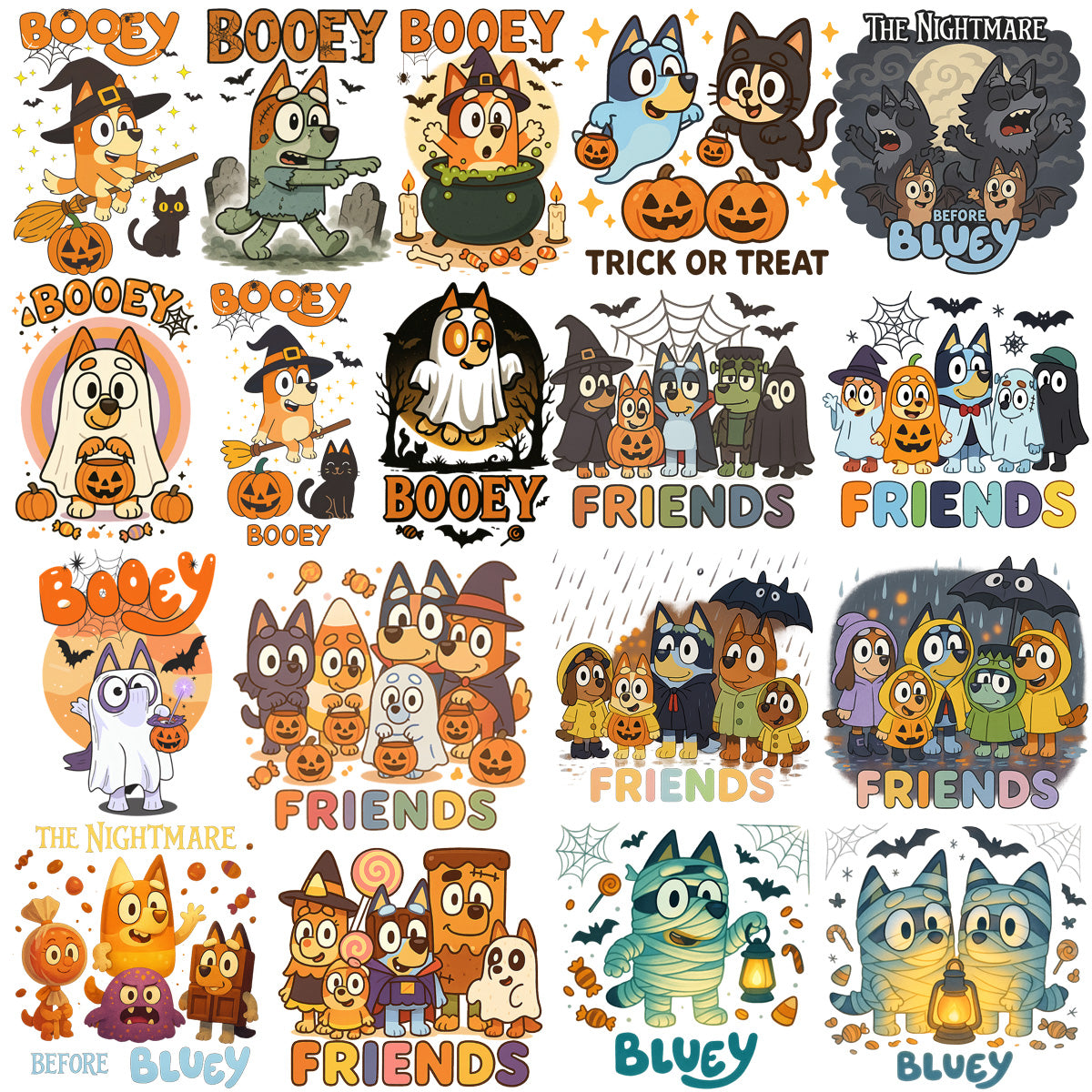 60 Halloween Bluey Dog Cartoons Designs Bundle PNG