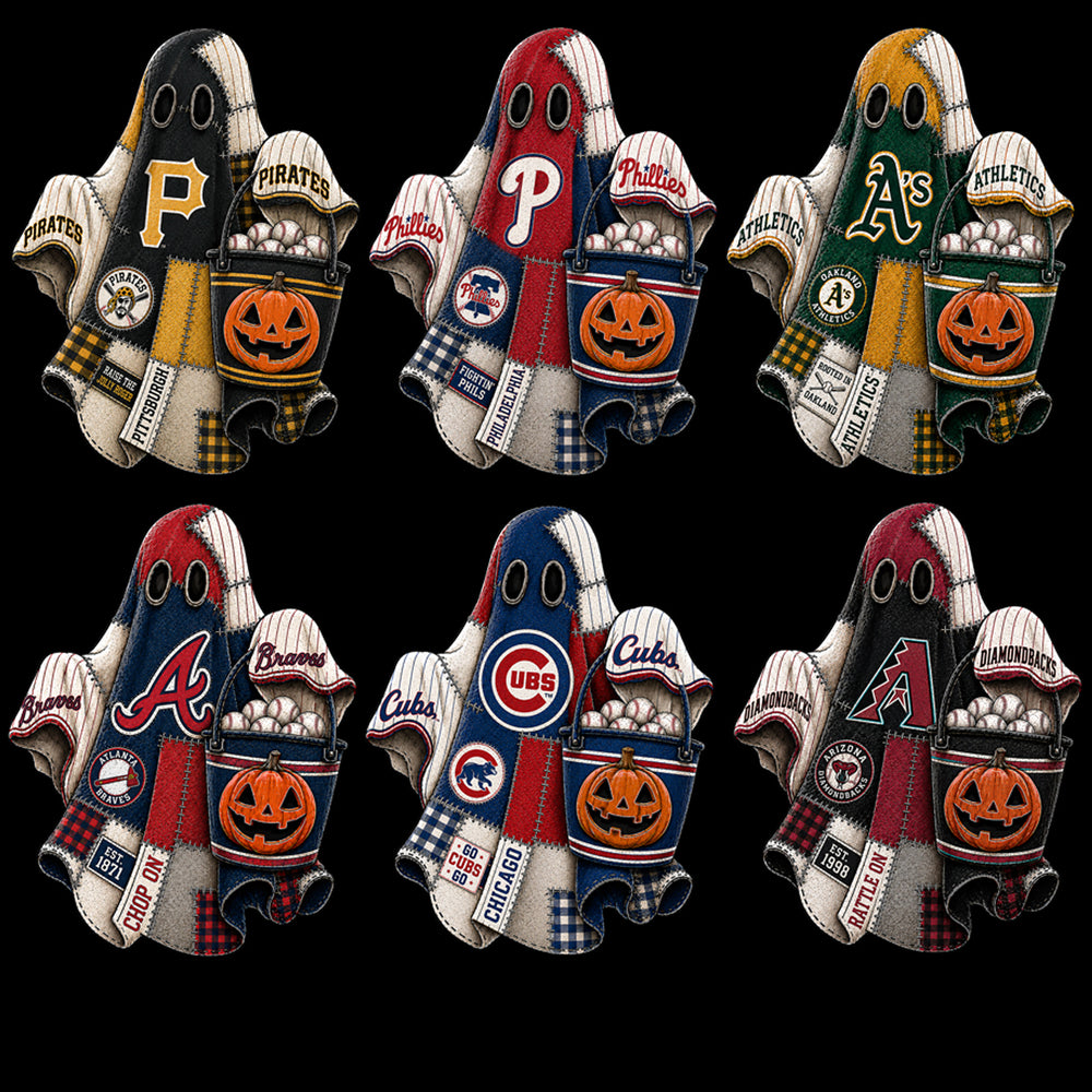Baseball team ghosts with pumpkin buckets, perfect for Halloween designs and print-ready bundles.