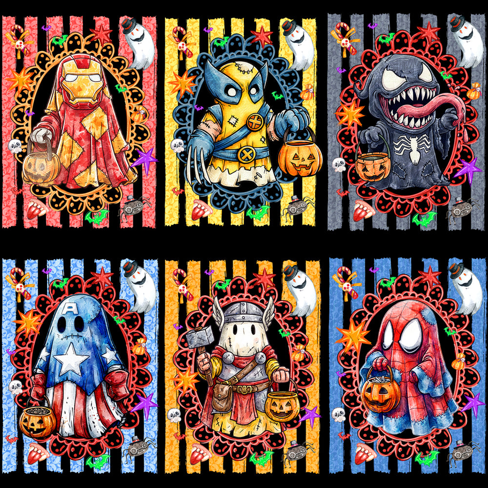 15 Horror Trick or Treat Halloween Spooky Ghosts Super Heroes Designs Bundle PNG