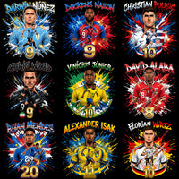 Load image into Gallery viewer, Soccer player designs with vibrant splashes, jersey numbers, and national team colors for DTF/DTG printing.
