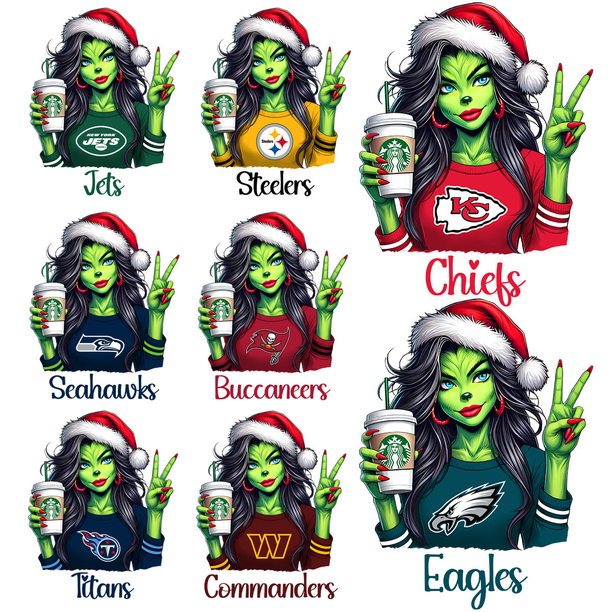 32 Grinch Lady Starbucks Christmas Football Teams Designs Bundle PNG