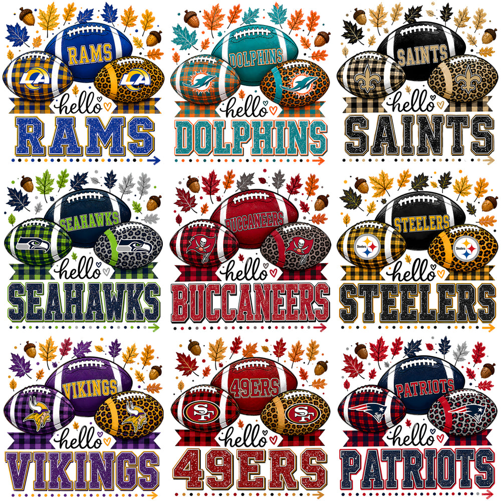 32 Football Teams Hello Fall Leaves & Acorns Designs Bundle PNG
