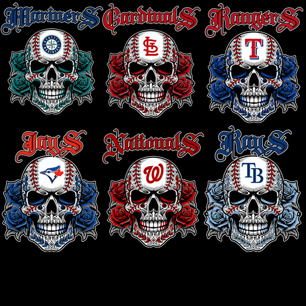 30 Baseball Teams Floral Skull Tattoo Designs Bundle PNG