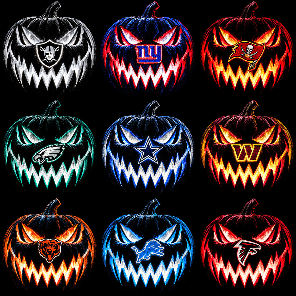 32 Football Teams Glowing Pumpkin Logos Black Knockout Designs Bundle PNG