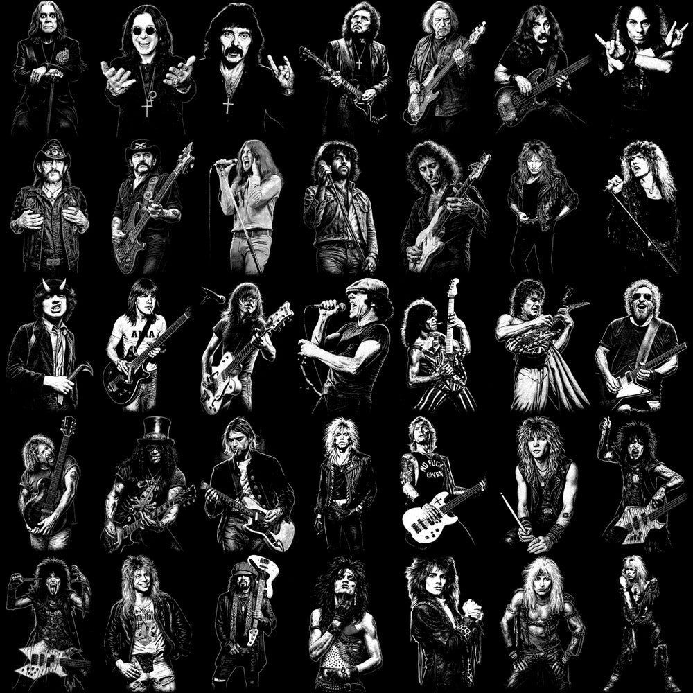 Rock band icons in black and white, print-ready PNG for t-shirts, DTG, DTF, embroidery designs