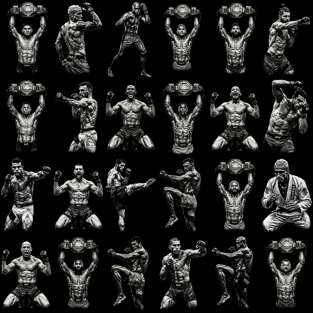 UFC fighters in action poses, black and white collage, print-ready design for DTF DTG embroidery