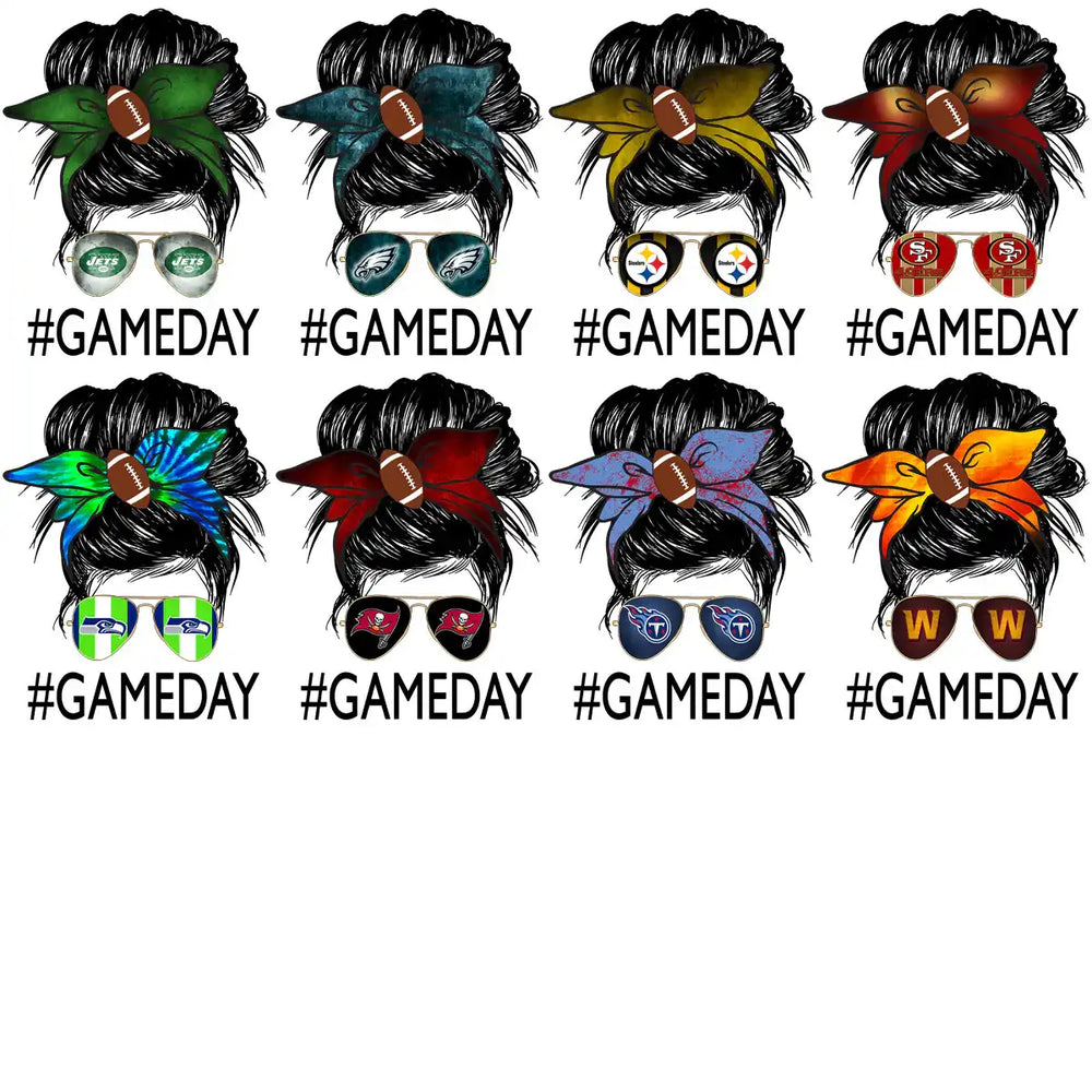 32 Football Teams Messy Bun GAME DAY Girl Designs Bundle PNG