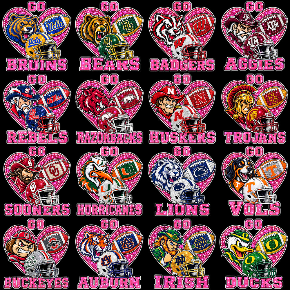 65 Go College Football NCAA Teams Pink October Heart Designs Bundle PNG
