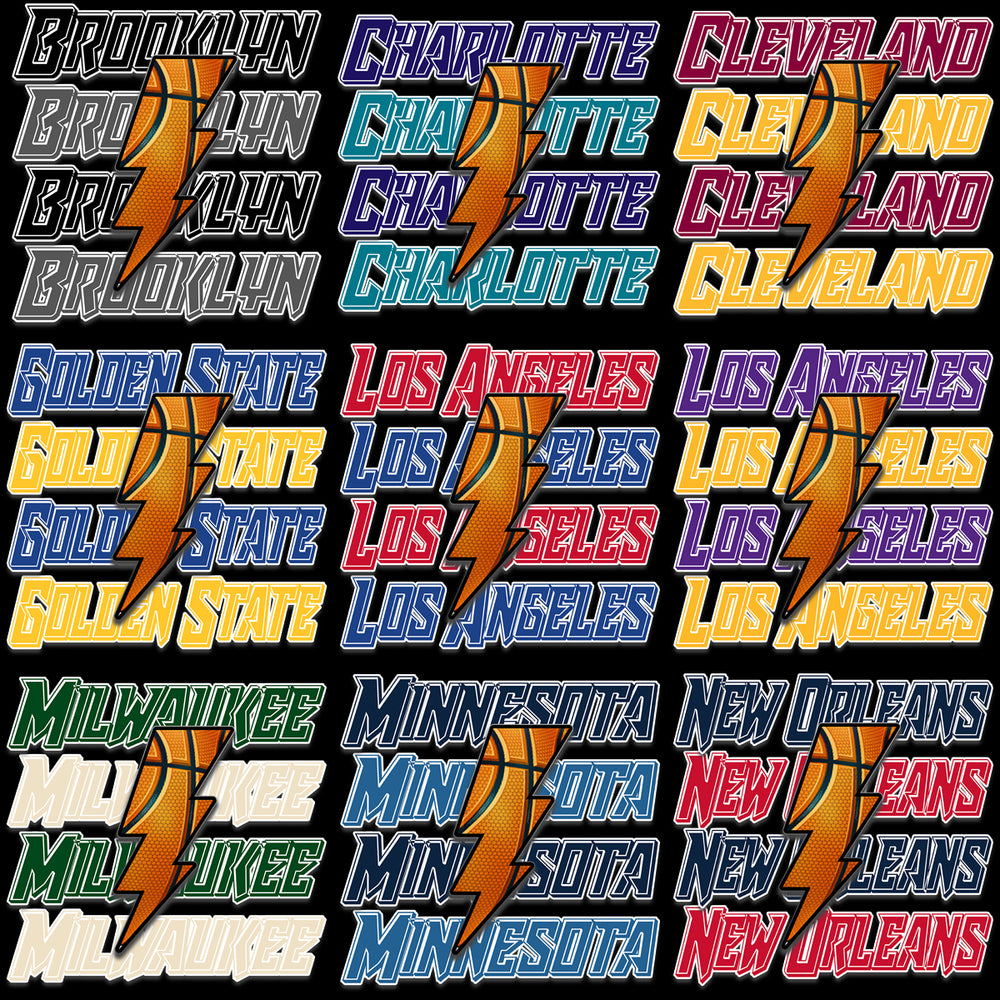 Basketball team city designs with lightning bolt graphics for DTF, DTG, embroidery, and tumbler wraps