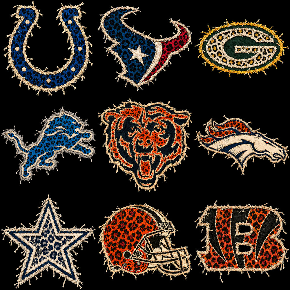 32 Football Teams Logos Frayed Leopard Yarn Designs Bundle PNG